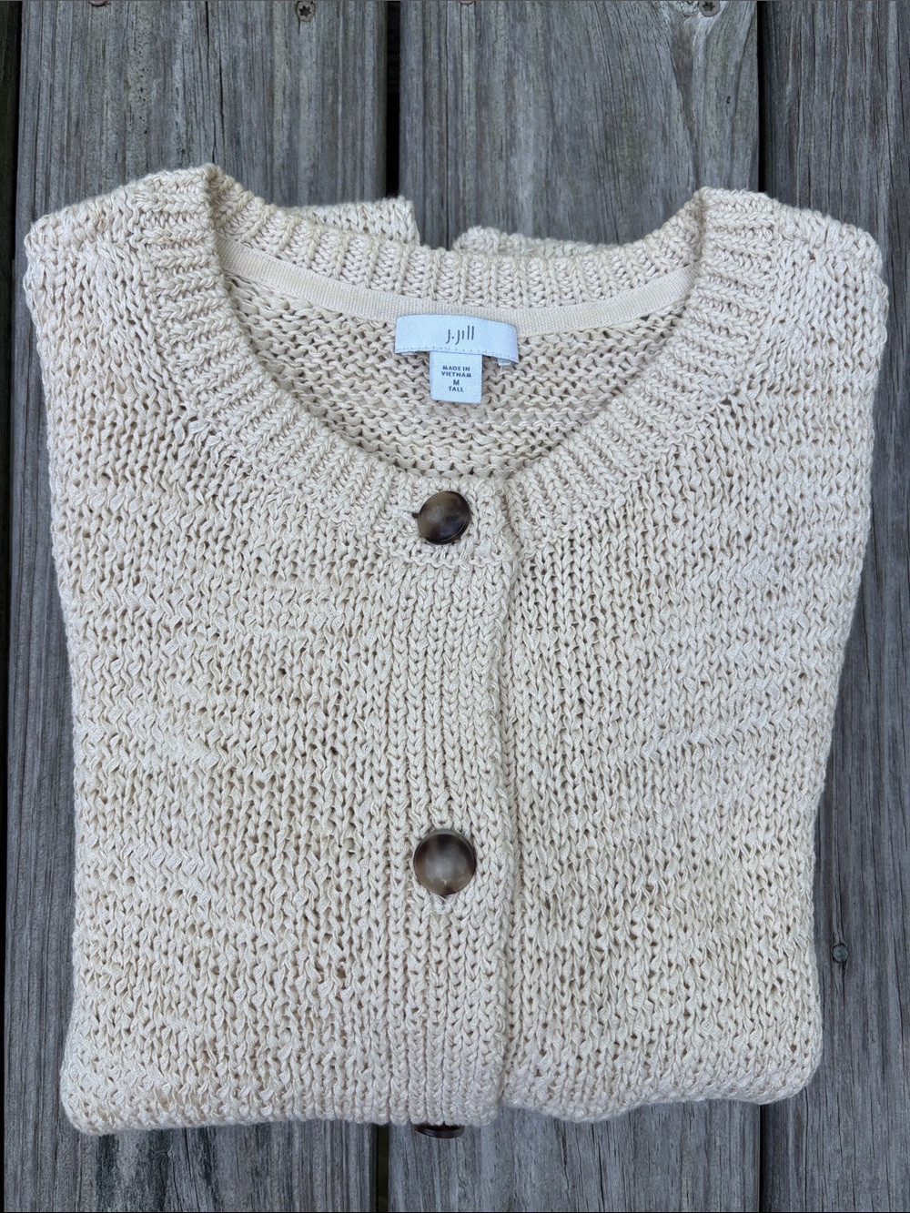 J. Jill Open Knit Textured Cardigan Sweater Cream Beige Minimalist Medium Tall